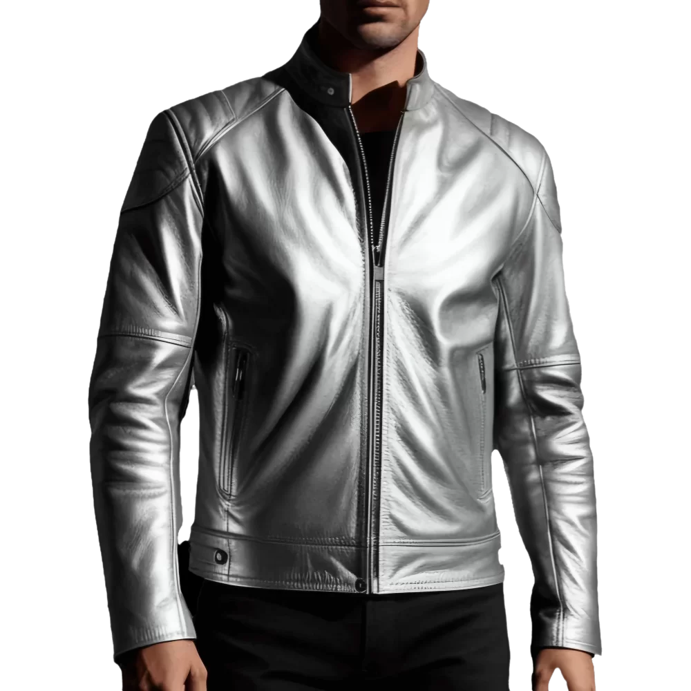 Blouson coupe droite en cuir gris métal homme modèle Sylvestre