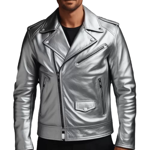Perfecto en cuir gris métal homme modèle Parasise