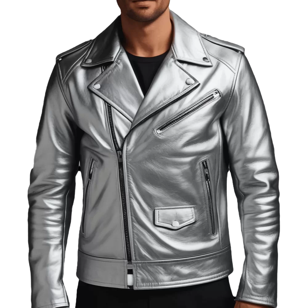 Perfecto en cuir gris métal homme modèle Parasise