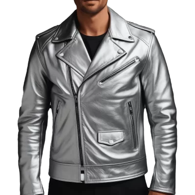 Perfecto en cuir gris métal homme modèle Parasise