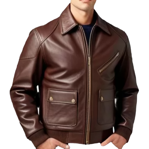 Blouson aviateur type fly américain coupe ajustée homme cuir marron modèle Flack