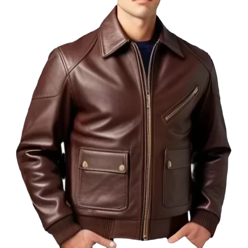 Blouson aviateur type fly américain coupe ajustée homme cuir marron modèle Flack