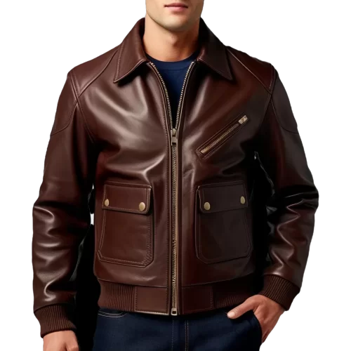Blouson aviateur type fly américain coupe ajustée homme cuir marron modèle Flack