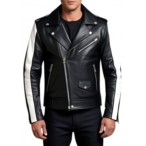 Blouson style perfecto cuir agneau bicolore blanc et noir modèle Zebra