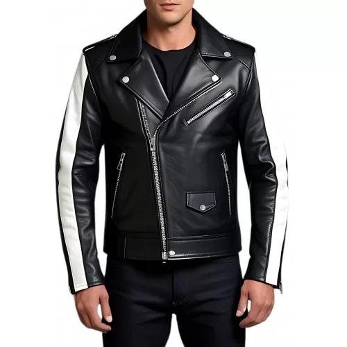Blouson style perfecto cuir agneau bicolore blanc et noir modèle Zebra