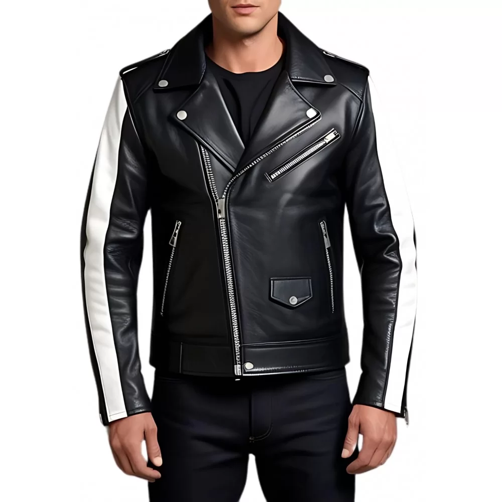 Blouson style perfecto cuir agneau bicolore blanc et noir modèle Zebra