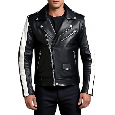 Blouson style perfecto cuir agneau bicolore blanc et noir modèle Zebra