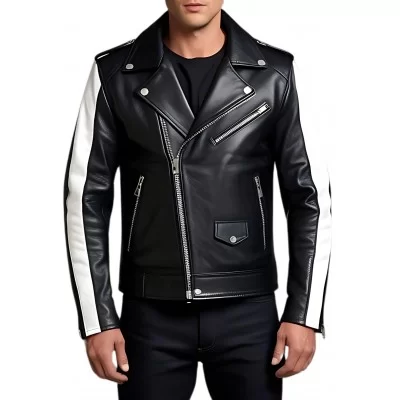 Blouson style perfecto cuir agneau bicolore blanc et noir modèle Zebra