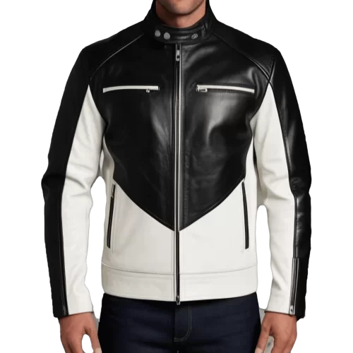 Blouson homme cuir agneau bicolore blanc et noir et zip double curseur modèle Patrick