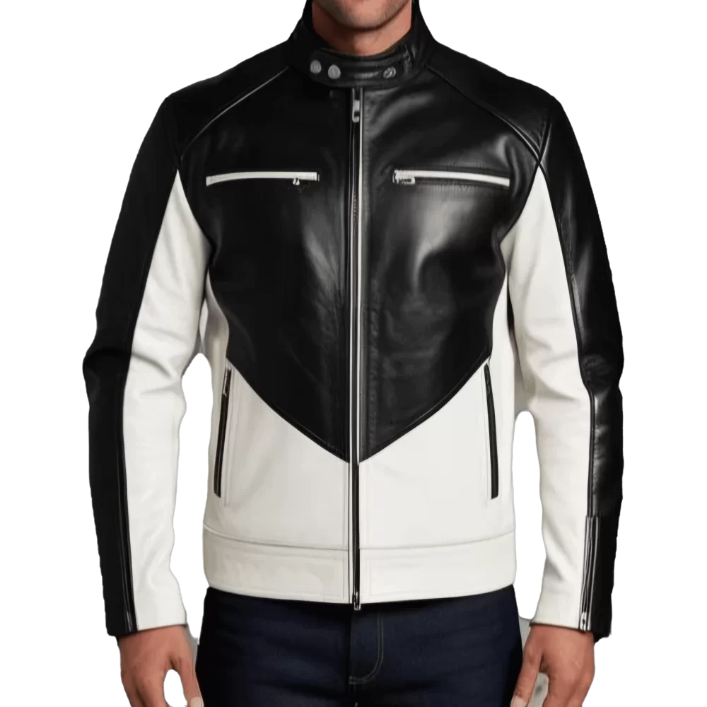 Blouson homme cuir agneau bicolore blanc et noir et zip double curseur modèle Patrick