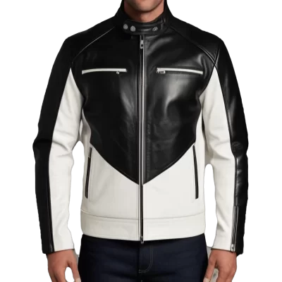 Blouson homme cuir agneau bicolore blanc et noir et zip double curseur modèle Patrick