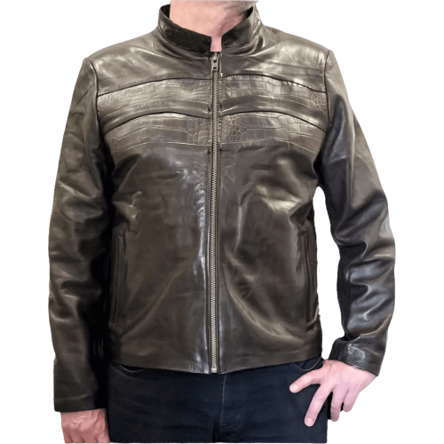 Blouson en vachette plongé marron et bandes en crocodile véritable modèle Rasta