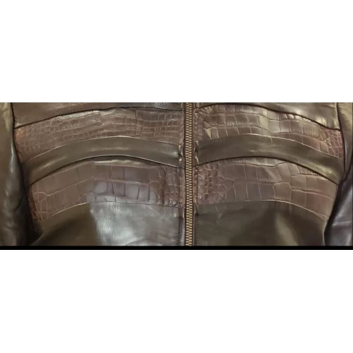 Blouson en vachette plongé marron et bandes en crocodile véritable modèle Rasta