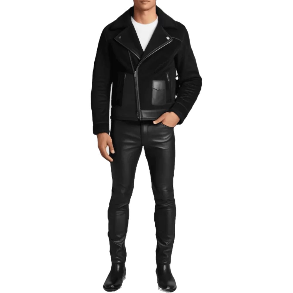 Blouson type perfecto en mouton retourné extèrieur mouton aspect