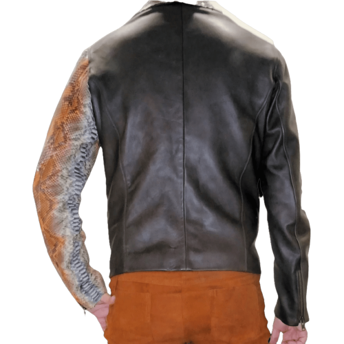 Blouson cuir perfecto modèle Ramao bimatière en agneau plongé marron et cuir de python véritable