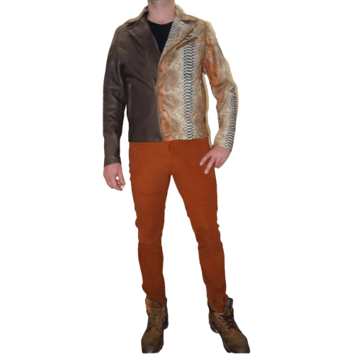 Blouson cuir perfecto modèle Ramao bimatière en agneau plongé marron et cuir de python véritable