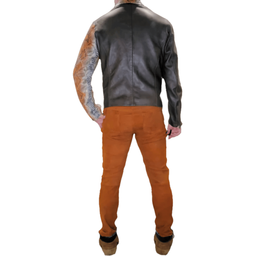 Blouson cuir perfecto modèle Ramao bimatière en agneau plongé marron et cuir de python véritable