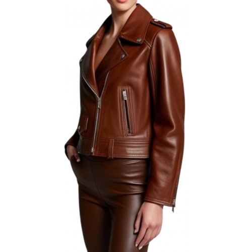 Blouson perfecto en cuir femme agneau plongé marron modèle  Amidore