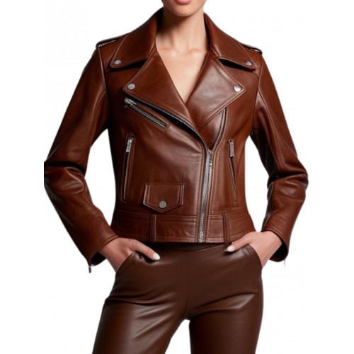 Blouson perfecto en cuir femme agneau plongé marron modèle  Amidore