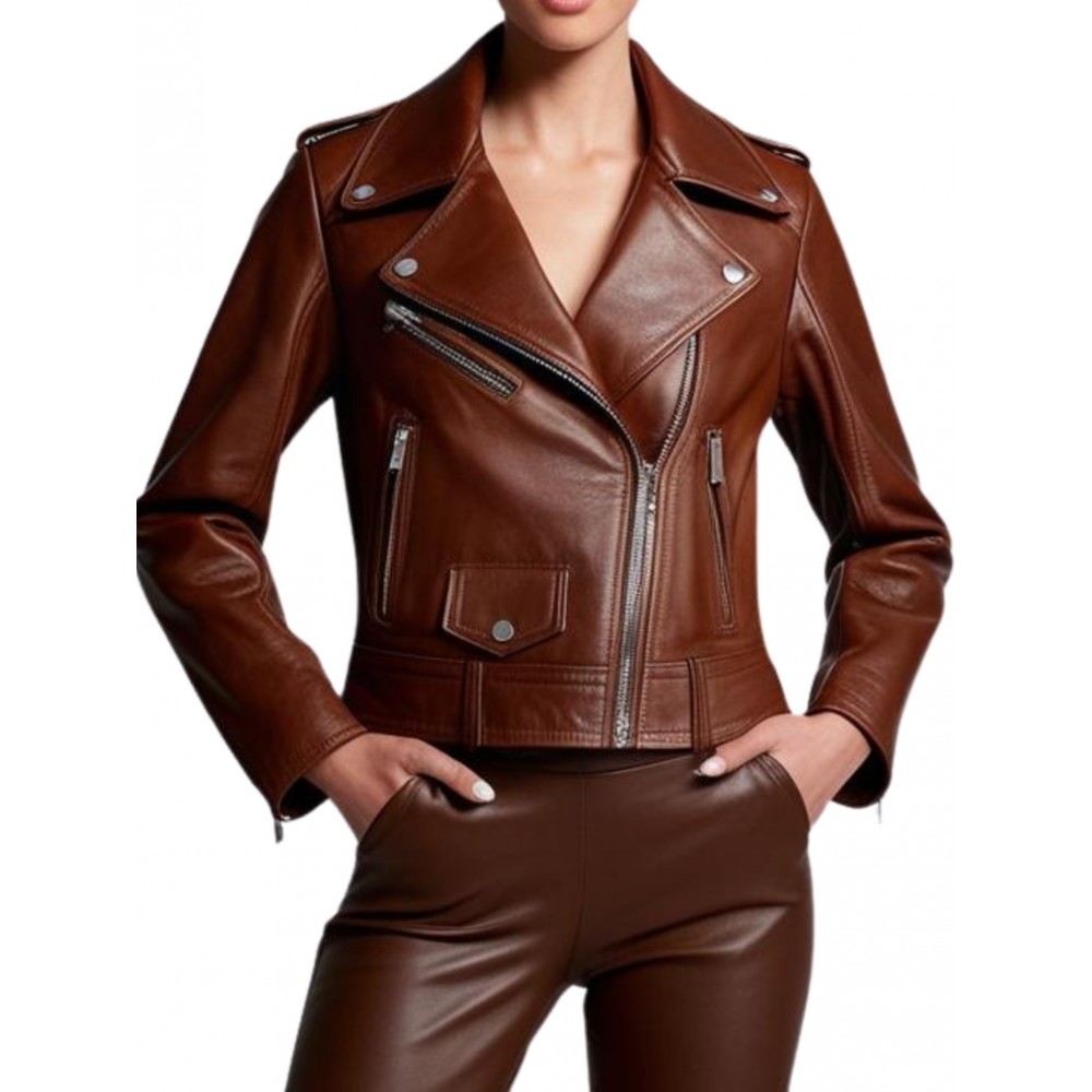 Blouson perfecto en cuir femme agneau plongé marron modèle  Amidore