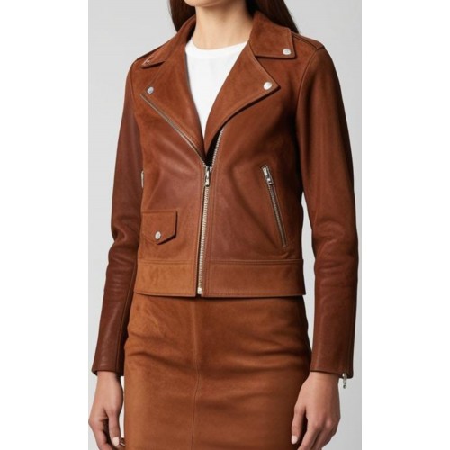 Blouson style perfecto en agneau velours marron façon daim modèle Eva