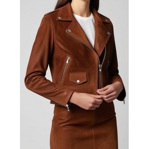 Blouson style perfecto en agneau velours marron façon daim modèle Eva