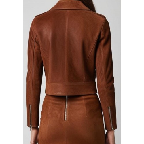 Blouson style perfecto en agneau velours marron façon daim modèle Eva