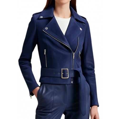 Blouson style perfecto agneau velours daim bleu modèle Evanoé