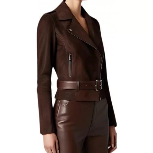 Perfecto femme en agneau velours daim marron ceinture cuir marron modèle Mira