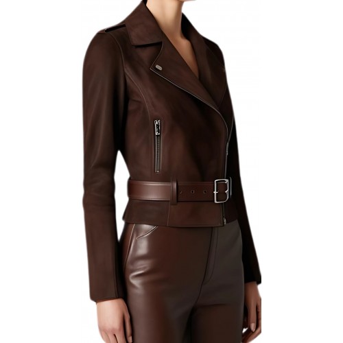 Perfecto femme en agneau velours daim marron ceinture cuir marron modèle Mira