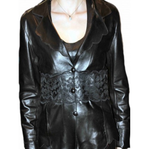 Veste cuir femme agneau plongé noir et dentelles modèle Dasha