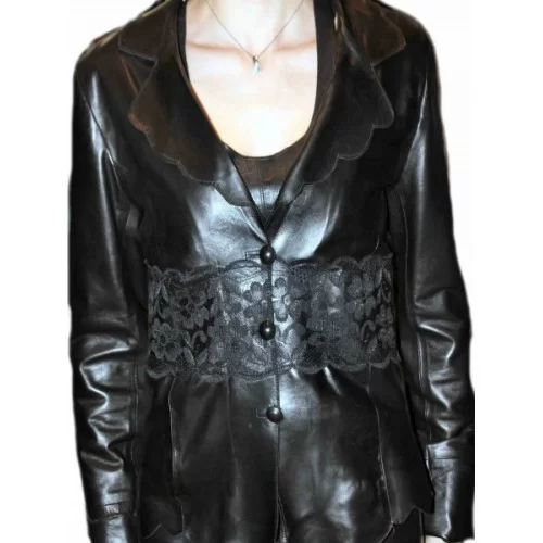 Veste cuir femme agneau plongé noir et dentelles modèle Dasha