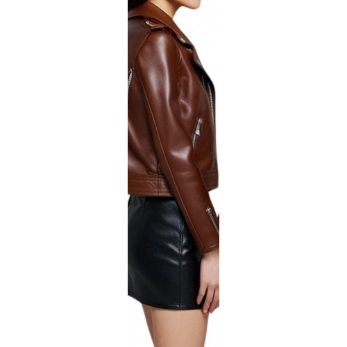 Blouson perfecto avec multi zips en cuir femme agneau plongé marron modèle Rosa