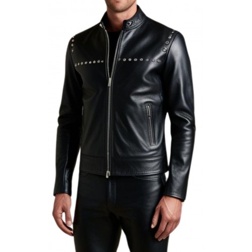 Blouson cuir homme teedy avec rivets ronds en métal en agneau noir modèle Yvanoé