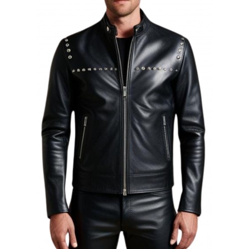 Blouson cuir homme teedy avec rivets ronds en métal en agneau noir modèle Yvanoé