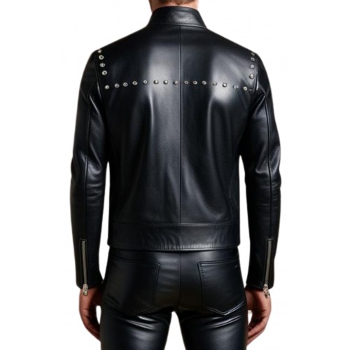 Blouson cuir homme teedy avec rivets ronds en métal en agneau noir modèle Yvanoé
