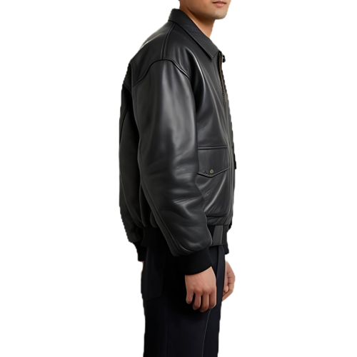 Blouson cuir type aviateur oversize en agneau noir modèle Karolin