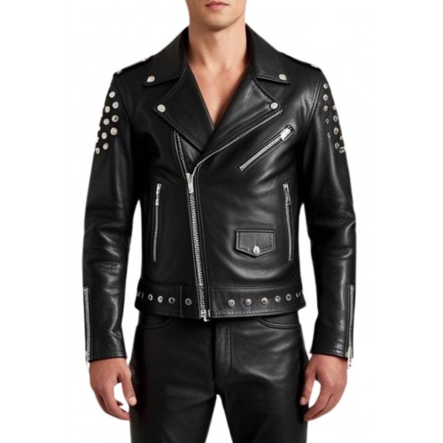 Blouson cuir homme perfecto avec rivets rond en métal agneau plongé noir modèle Major