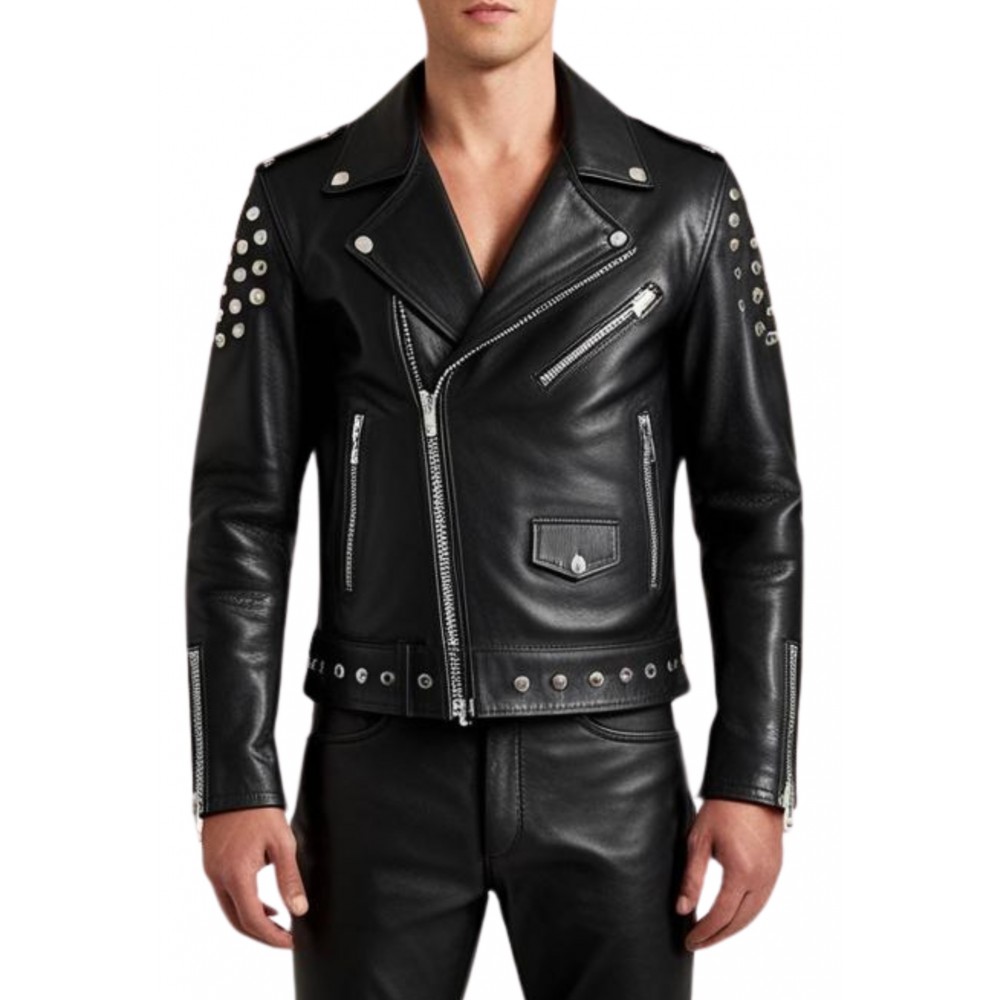 Blouson cuir homme perfecto avec rivets rond en métal agneau plongé noir modèle Major