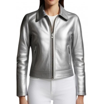 Blouson femme en cuir agneau argent modèle Katia
