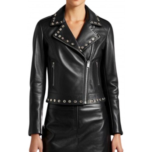 Perfecto cuir femme en agneau plongé noir et rivets en métal argent ronds modèle Libia