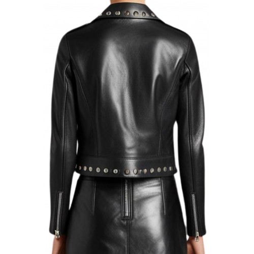 Perfecto cuir femme en agneau plongé noir et rivets en métal argent ronds modèle Libia