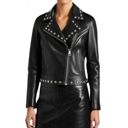 Perfecto cuir femme en agneau plongé noir et rivets en métal argent ronds modèle Libia