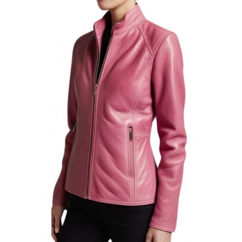 Blouson femme en cuir couleur rose modèle Naodi