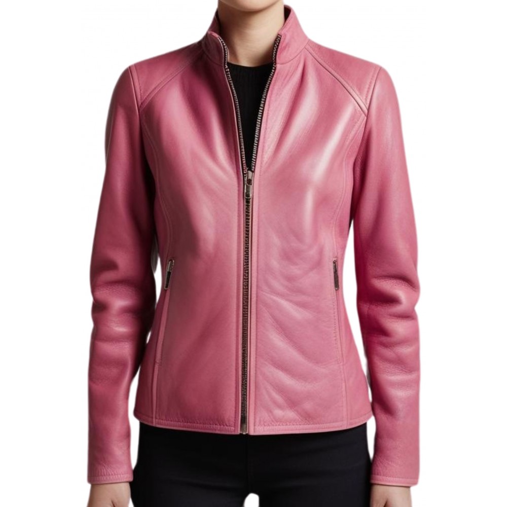 Blouson femme en cuir couleur rose modèle Naodi