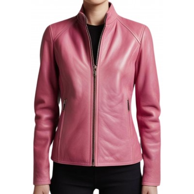 Blouson femme en cuir couleur rose modèle Naodi