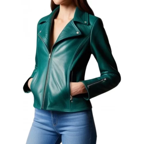 Blouson femme en cuir d'agneau couleur vert modèle Bichore