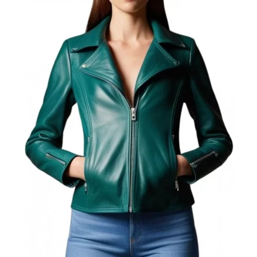 Blouson femme en cuir d'agneau couleur vert modèle Bichore