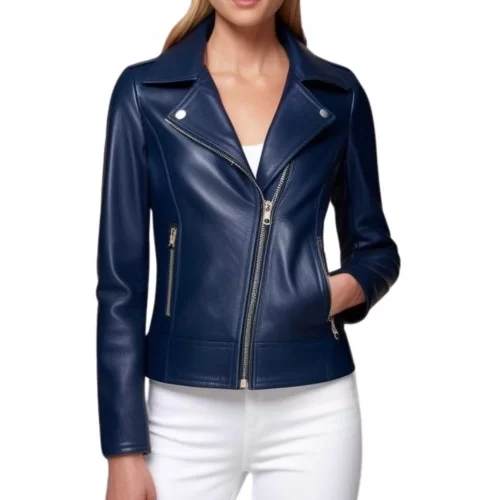Blouson femme perfecto cuir agneau bleu modèle Nadine
