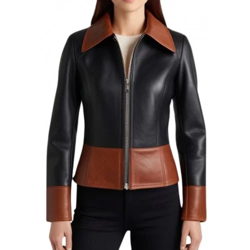 Blouson femme en cuir d'agneau bicolore couleur noir et marron modèle Karla